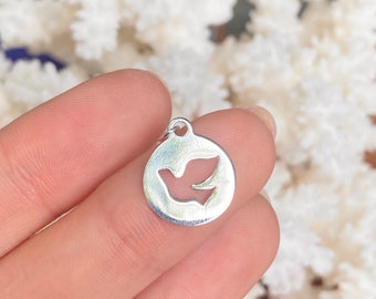 Sterling Silver Polished Cut-Out Dove "Holy Spirit" Round Medal Pendant Charm NEW Small Size