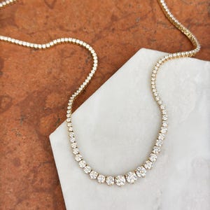 Estate 14KT Yellow Gold Lab Diamond Tennis Necklace Length 10 Carats Graduated Riviera Style 17”