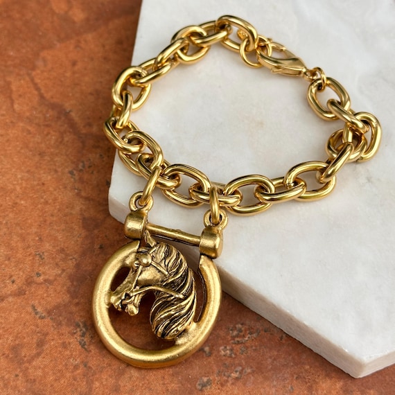 Yellow Gold-plated Shackle Horse Head Oval Link Bracelet With