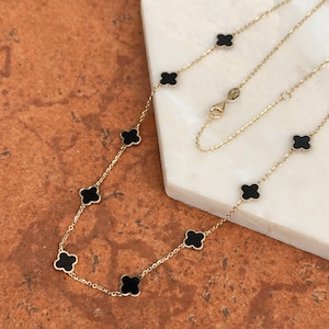 14KT Yellow Gold 7mm Black Onyx Clover Station Cable Chain Necklace NEW 16&quot;~18&quot; Length Layering Minimal Chain