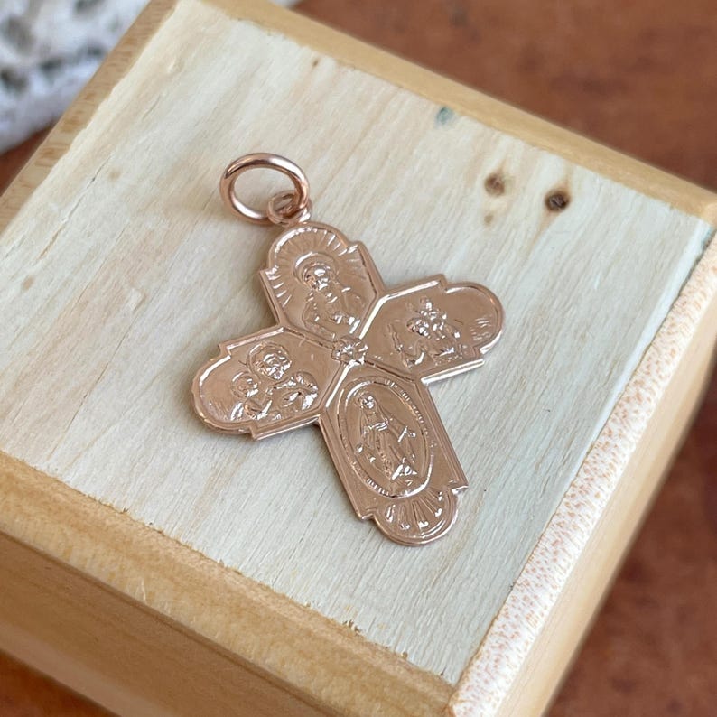 14KT Rose Gold Four Way Catholic Cross Medal Engraved Pendant Charm 24