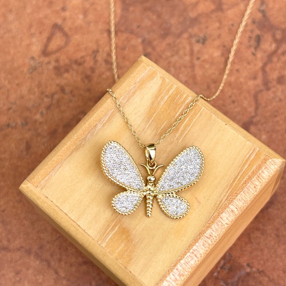 Estate 14KT Yellow + White Gold Pave Diamond Butterfly Pendant Chain Necklace 18”