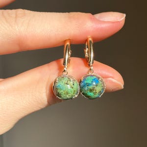 10KT Yellow Gold Genuine Azurite Lever Back Earrings Cabochon 10mm