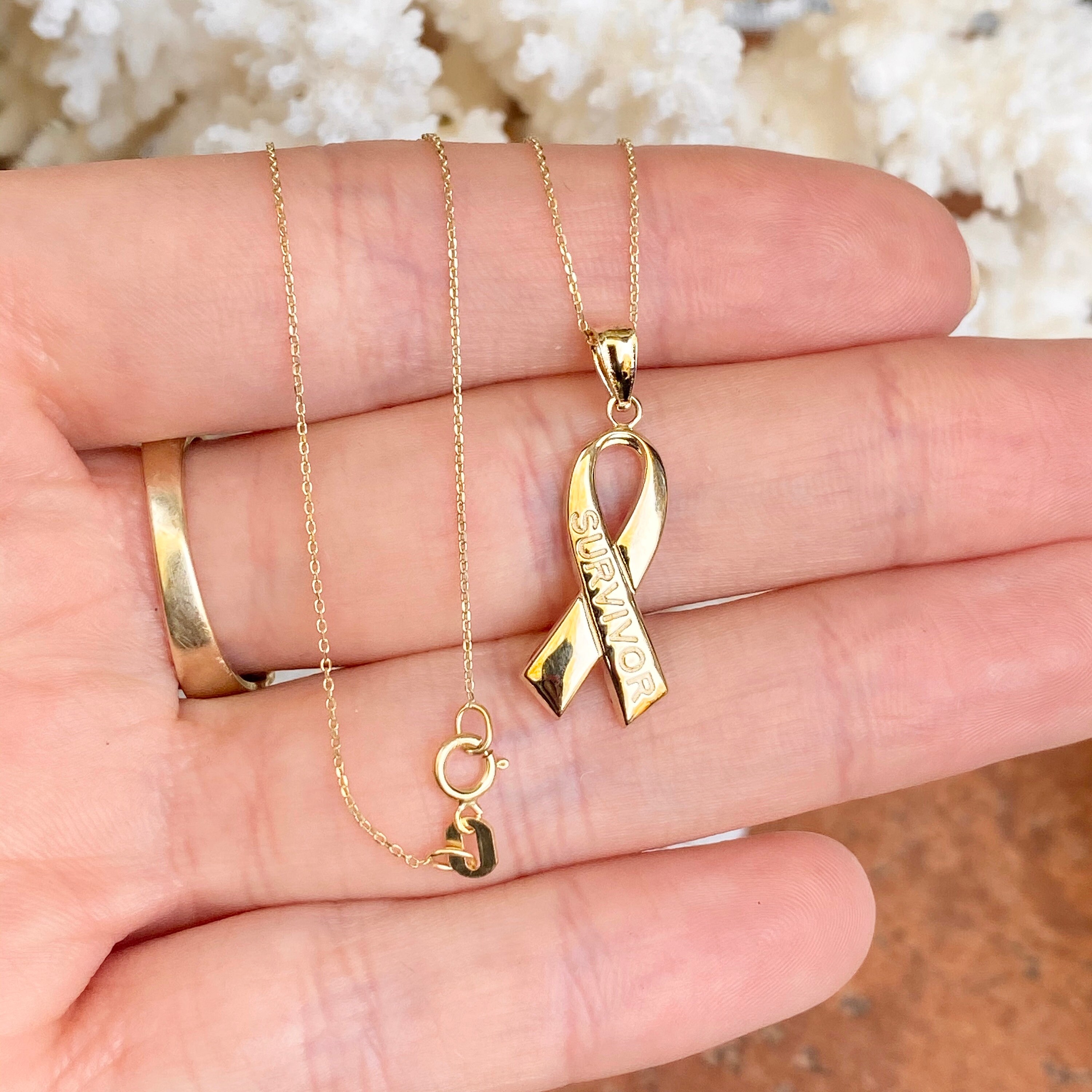 10KT Yellow Gold Cancer Awareness Survivor Ribbon Pendant Chain