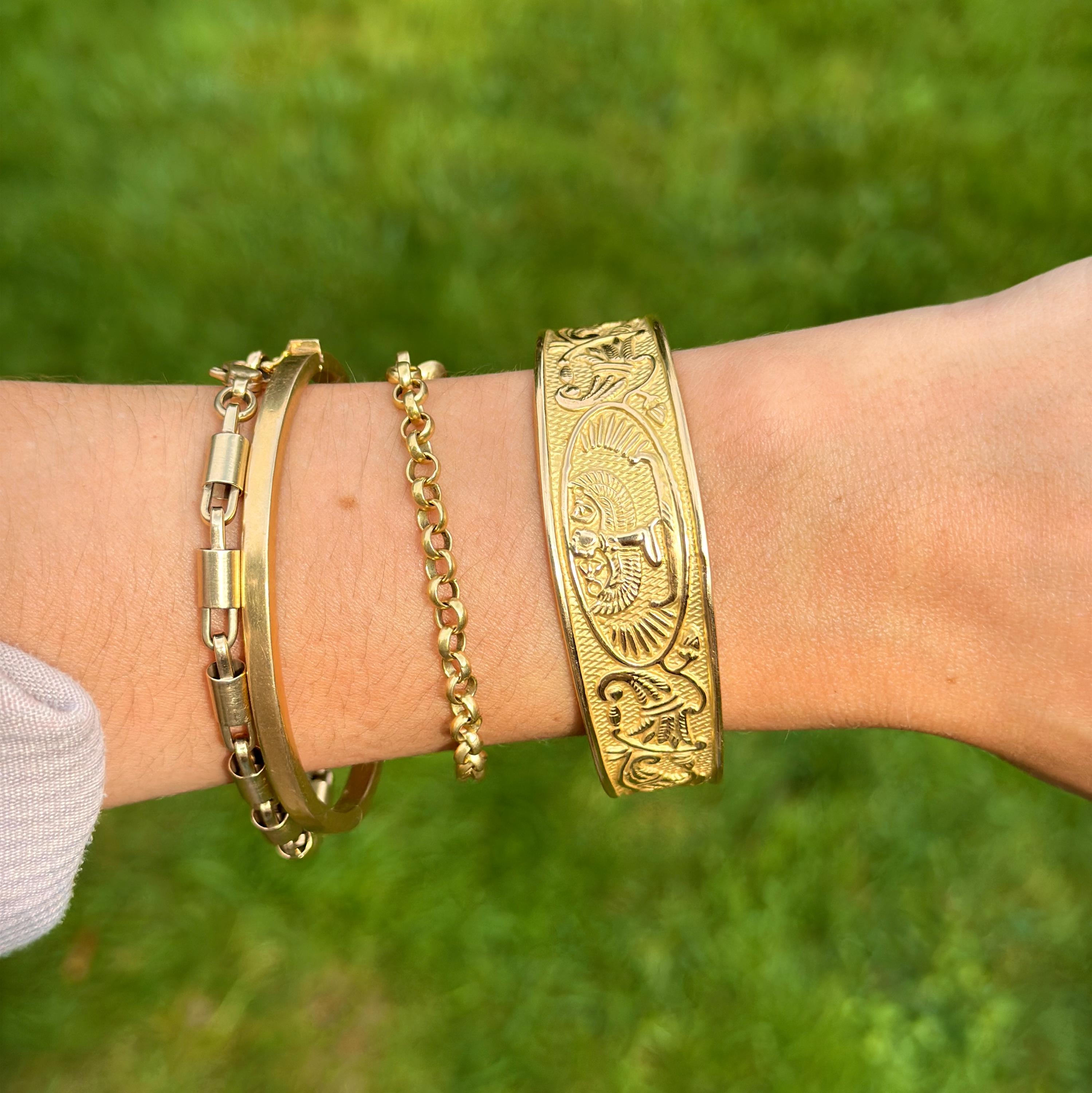 Vintage Estate 18KT Yellow Gold Egyptian Cuff Bangle Bracelet Ribbed ...