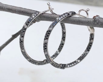 14KT White Gold Pave Black White Diamond Earring Hoop Earring In & Out 2 CT NEW