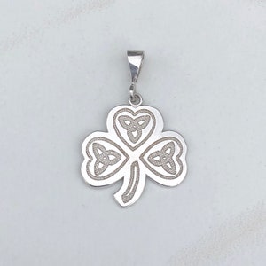 14KT White Gold 3 Leaf Clover + Celtic Trinity Pendant Charm Shiny + Textured Finish NEW