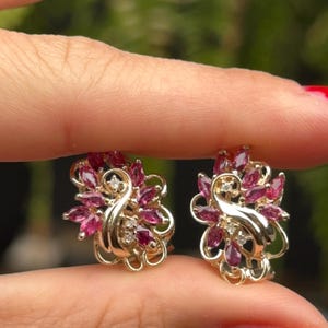 Estate 14KT Yellow Gold Marquise Shaped Rhodolite Garnet and Diamond Omega Back Earrings