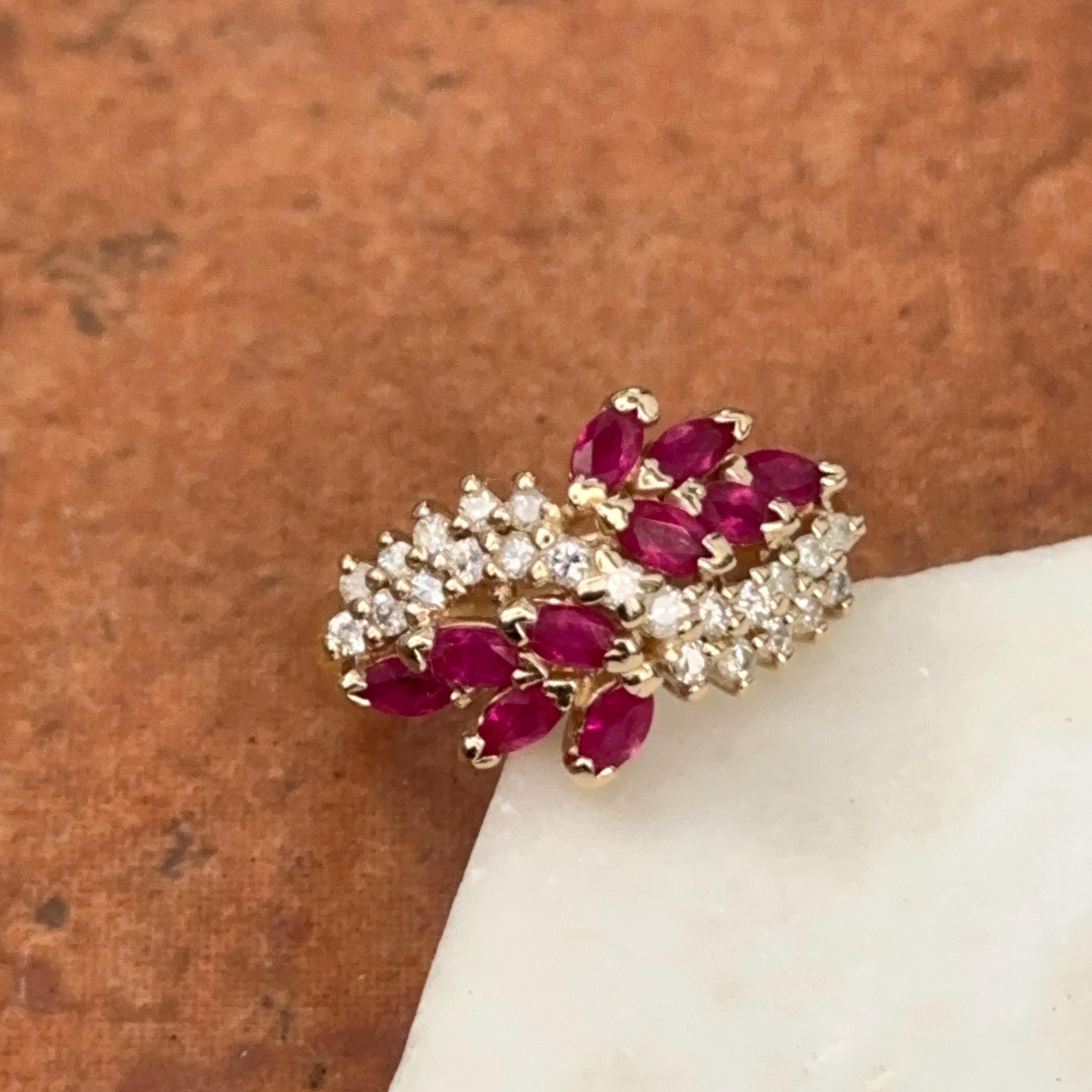 Estate Vintage 14KT Yellow Gold Marquise Red Ruby + Diamond  display picture 2