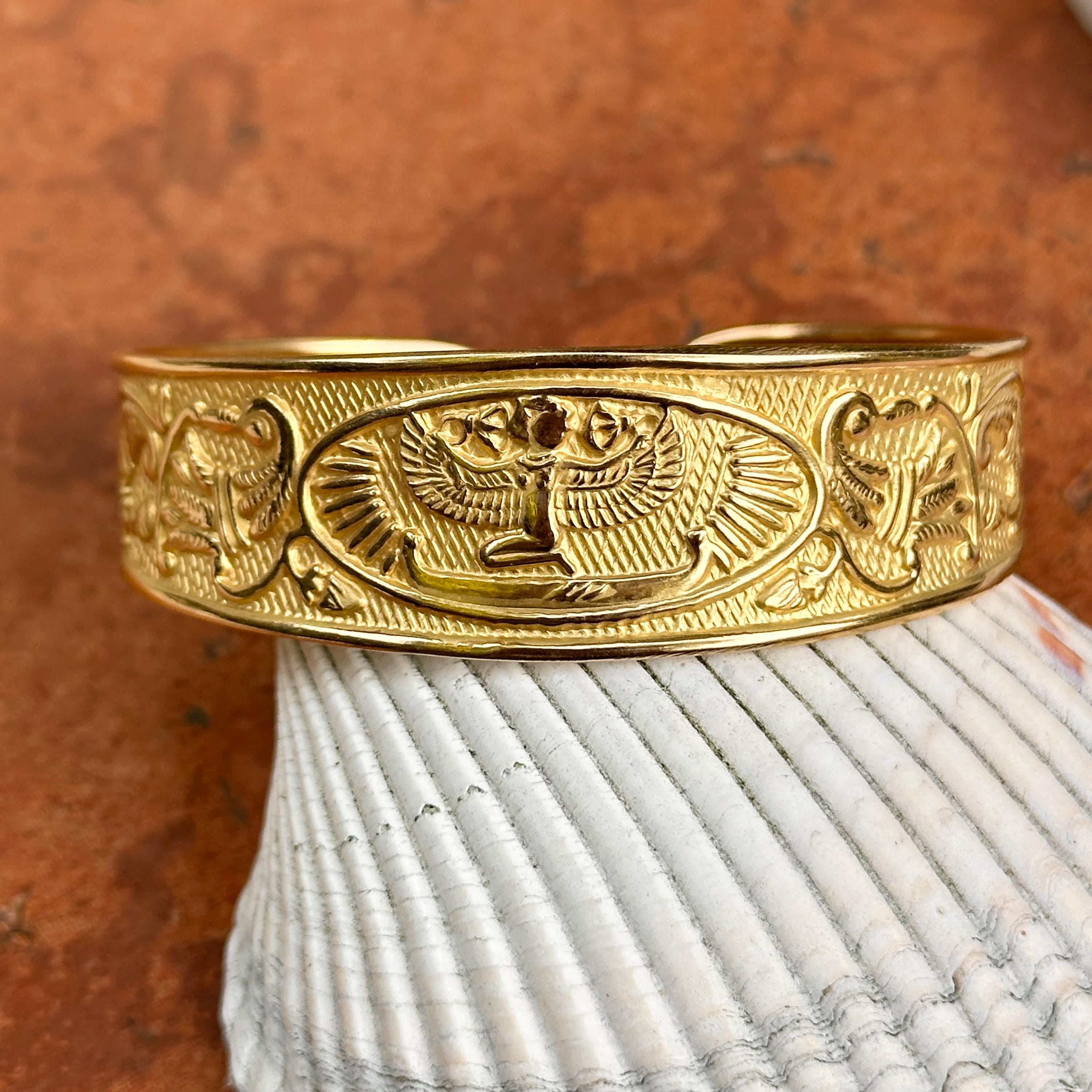Vintage Estate 18KT Yellow Gold Egyptian Cuff Bangle Bracelet Ribbed ...