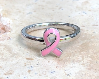 Sterling Silver Pink Enamel Breast Cancer Awareness Survivor Ribbon Ring NEW Various Sizes Available