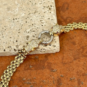 Estate Vintage 14KT Yellow Gold Pave Diamond Double Panther Cougar Cat Head Cuff Bangle Bracelet Ruby Eyes 7.5”