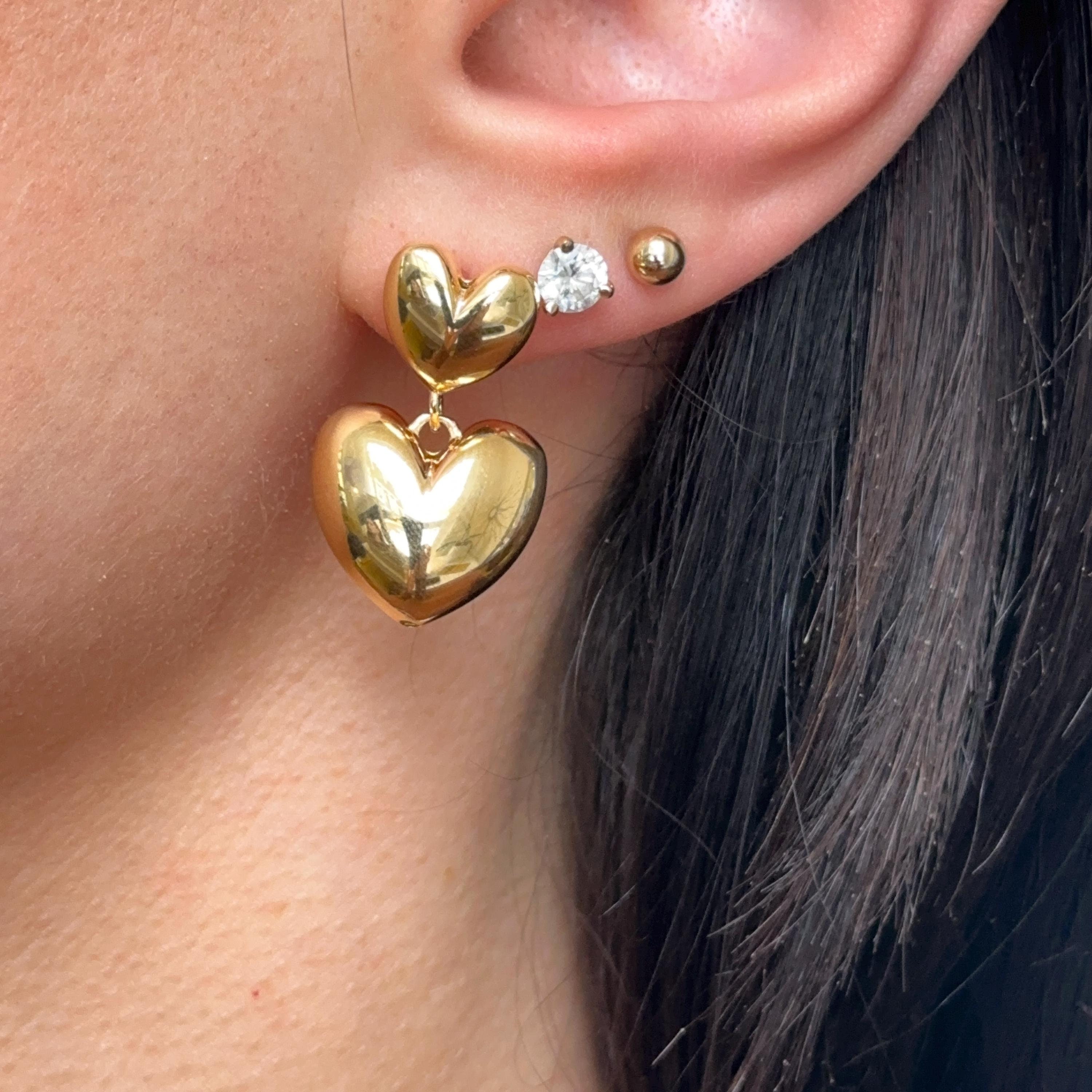 Yellow Gold-plated Sterling Silver Puffed Double Hearts Drop