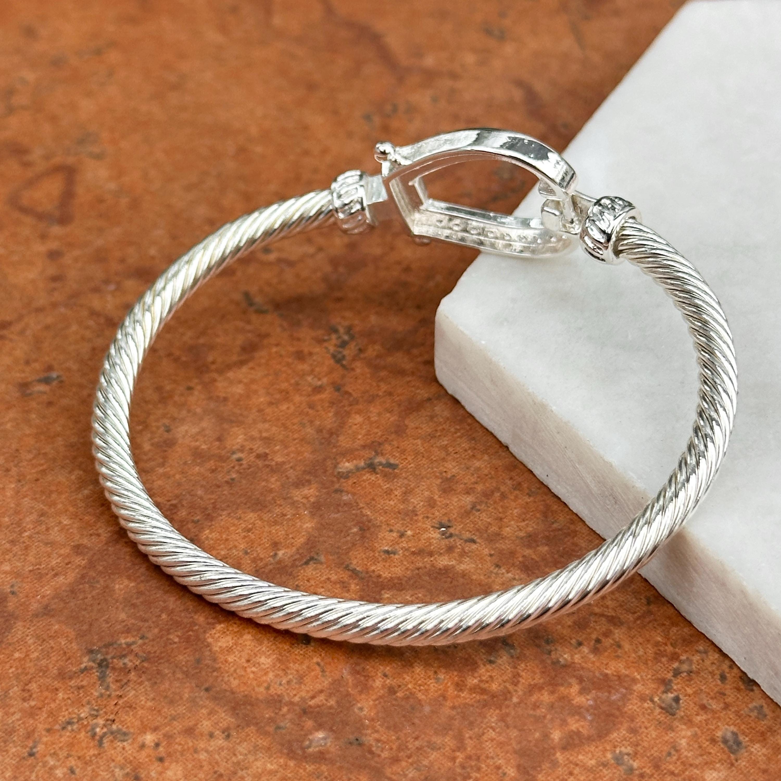 Silver Round Cubic Zirconia Horseshoe Twisted Bangle Hook Clasp