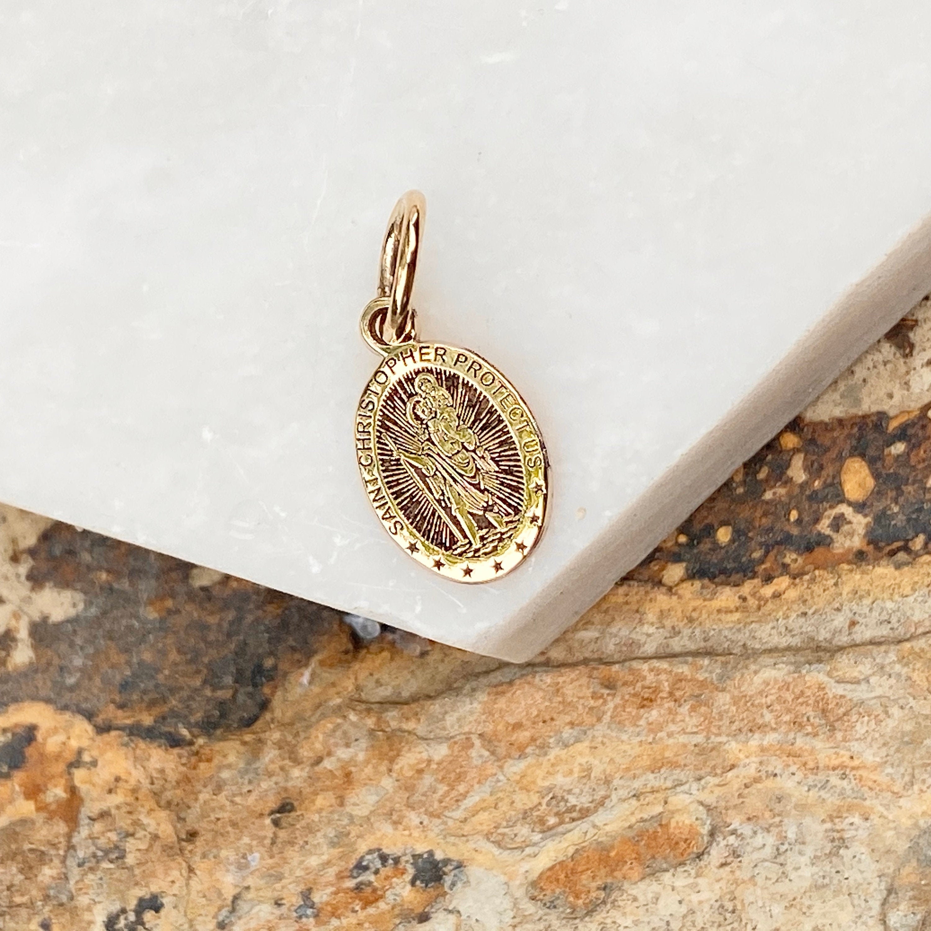 10KT Yellow Gold Satin, Vintage-Like MINI St Christopher Patron Saint of Travelers Oval Medal Pendant Charm NEW Unisex