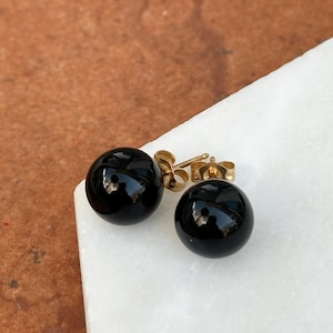 Estate 14KT Yellow Gold Genuine Black Onyx Round Ball Stud Post Earrings 10mm Size