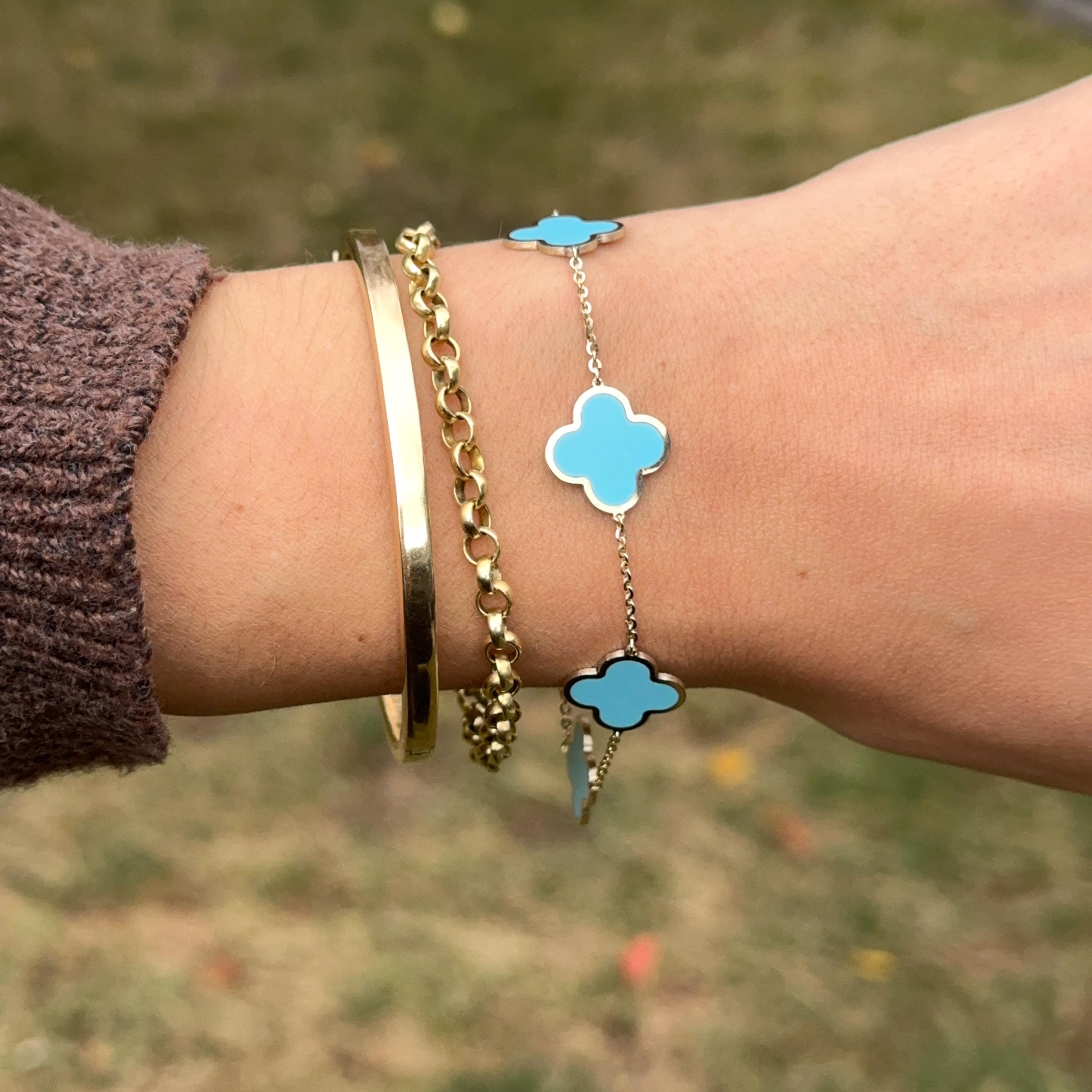 ●tow tow archive● Full Clover Bracelet Turquoise TBH22ABTB 14KT Yellow Gold 14mm Turquoise Clover Station Chain