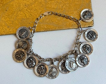Sterling Silver with (12) Charm Medals of Traditional Catholic Saints Bracelet NEW Antiqued Silver Chain Bracelet 7.5"