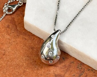 Sterling Silver Tapered Puffed CZ Stone Teardrop Pendant Chain Necklace 18"-20" Length