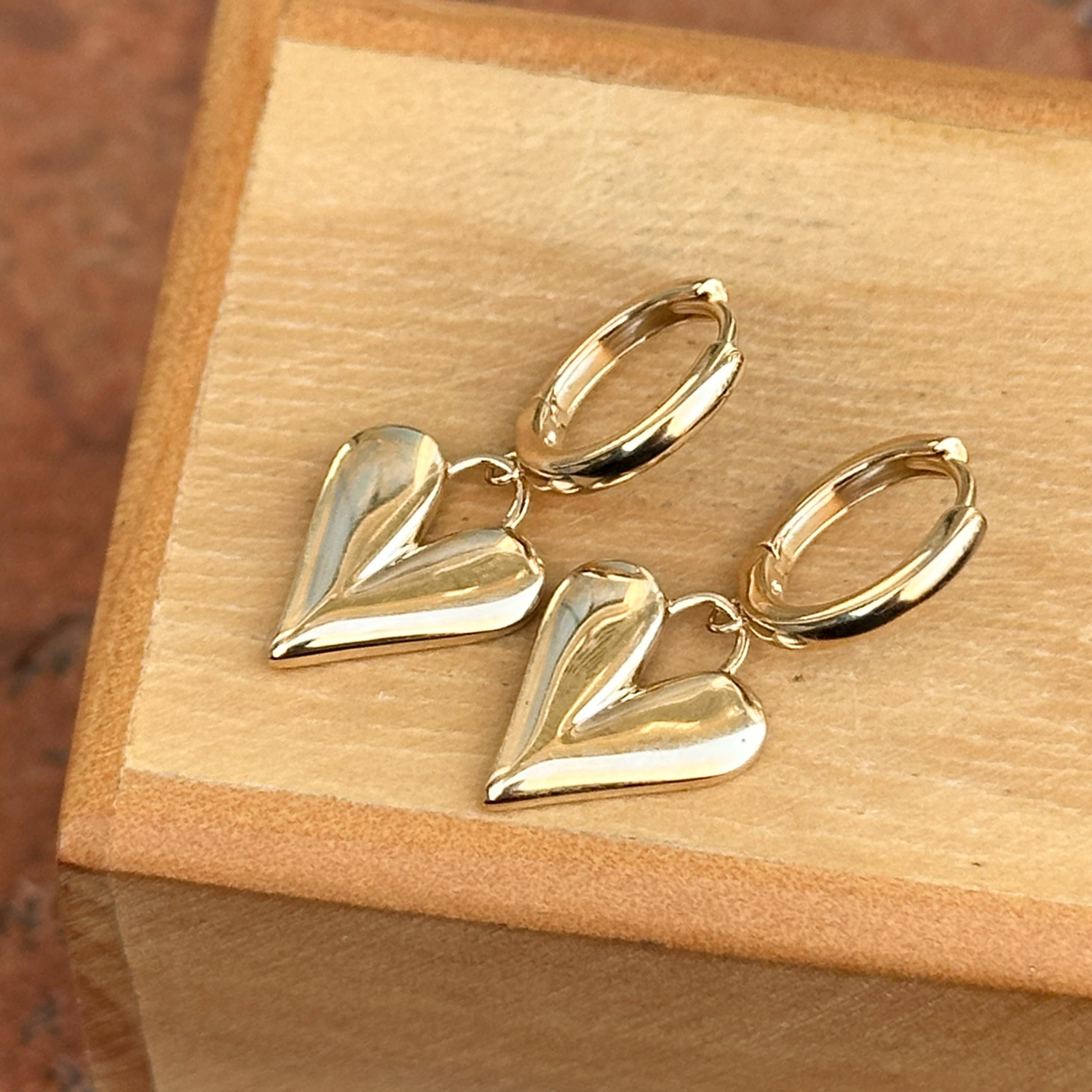 14KT Yellow Gold Heart Charm Huggie Hoop Earrings 25mm - Etsy