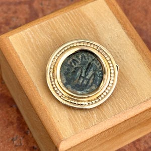 Estate Vintage 14KT Yellow Gold Antique Bronze Roman Byzantine Coin Bezel Pendant Slide Detailed Rope Design Bezel