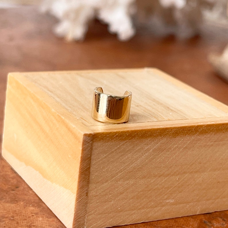K&ouml;nnte beinhalten: Ein goldener Ohrclip, eine Art von Schmuck, der am oberen Teil des Ohrs getragen wird, wird auf einer Holzoberfl&auml;che gezeigt.