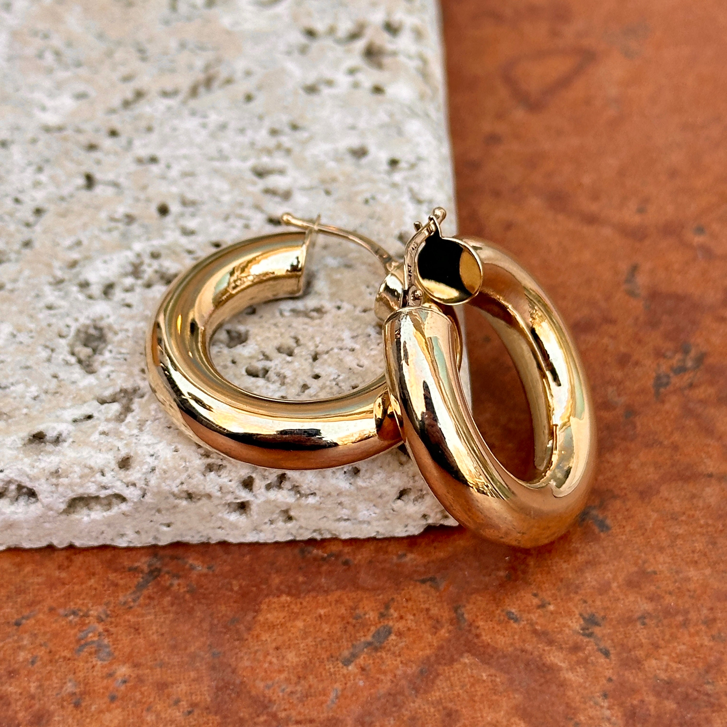 14KT Yellow Gold Shiny 6MM Tube Chunky Round Hoop Earrings