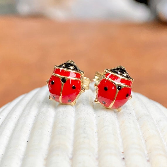 Orecchini per Bimba con Coccinella smaltata rosso e nero in Oro Giallo 18kt