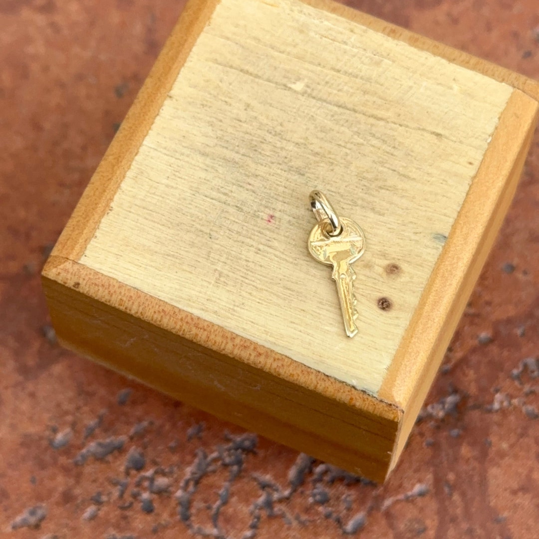 Mini Key Charm 14KT Yellow Gold Solid Rounded Mini Key Charm Pendant Small NEW ...