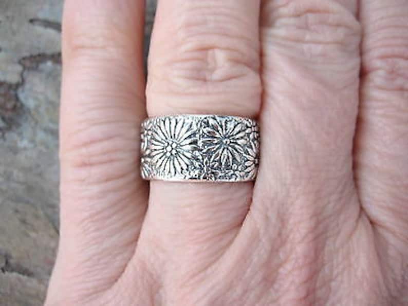 Sterling Silver Floral Wide Cigar Band Ring NEW Sizes 7 or 8 Continuous Pattern