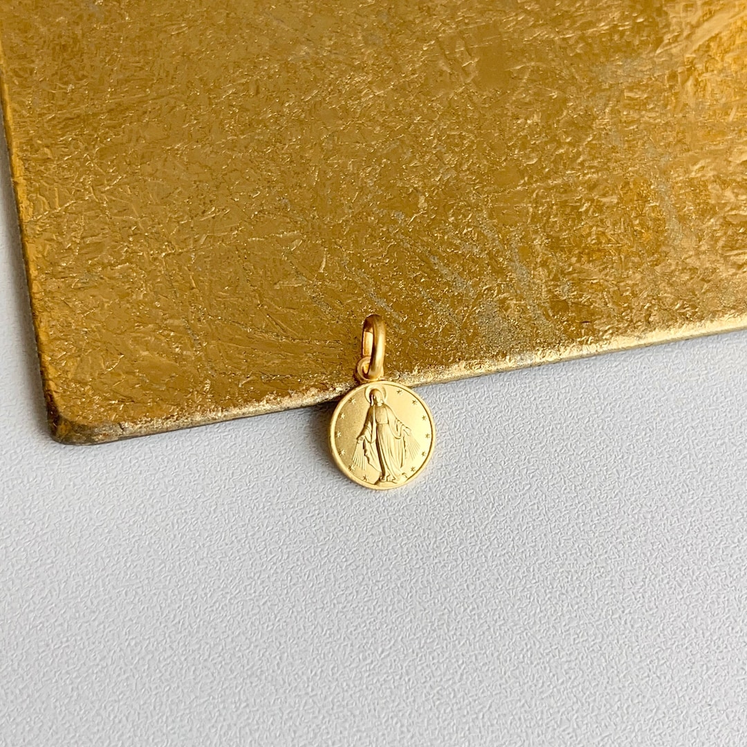 18KT Yellow Gold Mini Solid Miraculous Mary Miracolosa Round Medal ...