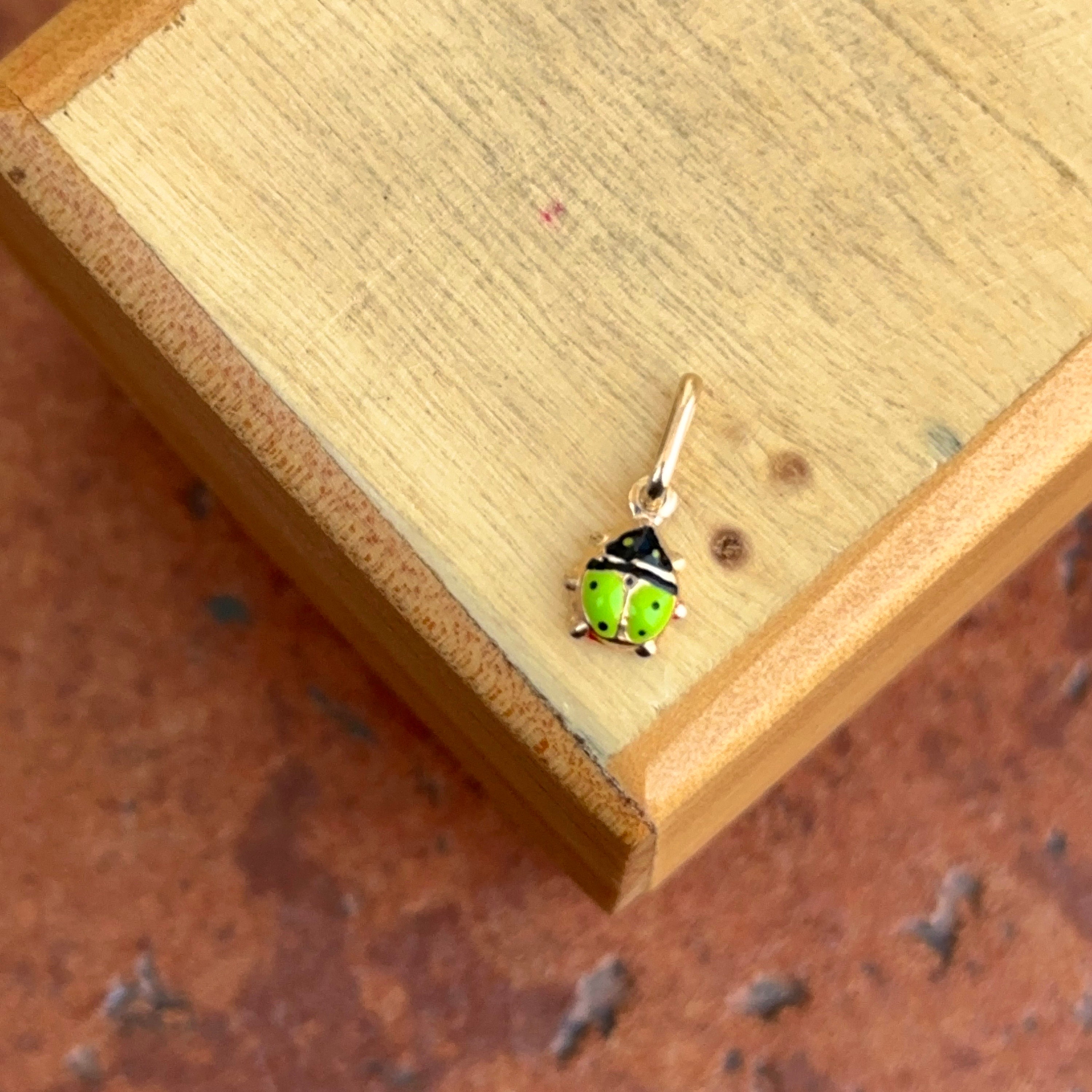 14KT Yellow Gold Mini Lime Green Ladybug Pendant Charm NEW Tiny Size Good Luck 5mm