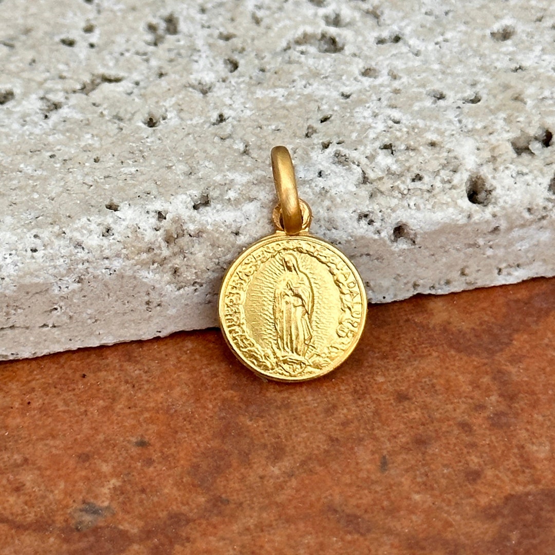 18KT Yellow Gold Mini Solid Our Lady of Guadalupe Round Medal Pendant ...