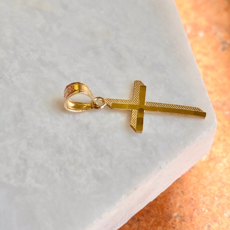 10KT Yellow Gold Small Diamond-Cut Shadow Cross Pendant Charm Textured NEW image 5