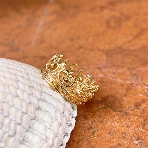 Custom Designed 14KT Yellow Gold Fleur De Lis Crown Band Ring NEW
