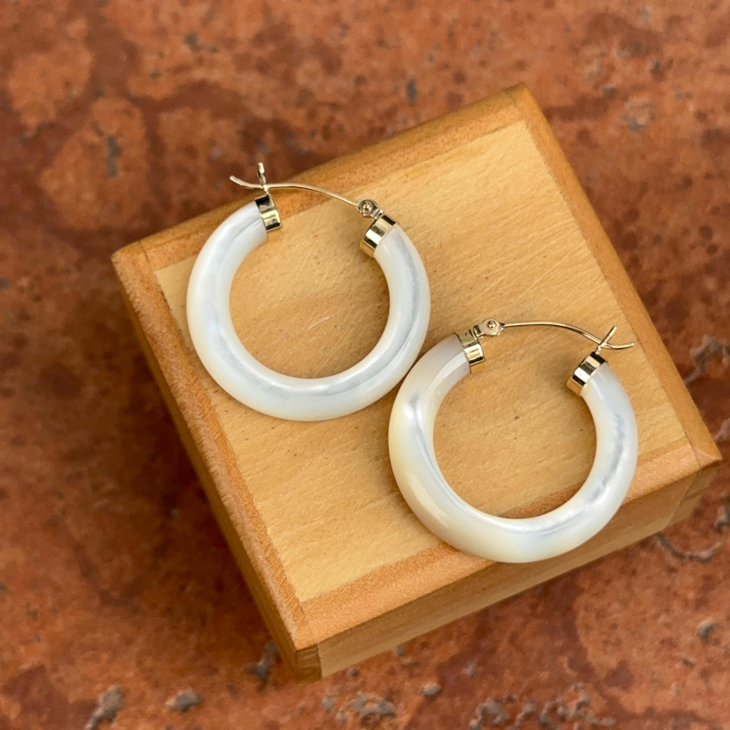 14KT Yellow Gold Genuine Mother of Pearl White Tube Round Hoop Earrings 24mm x 4mm