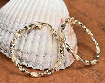 14KT gult guld glänsande + texturerad 3 mm tvinnade rörörhängen i mellanstorlek 37 mm