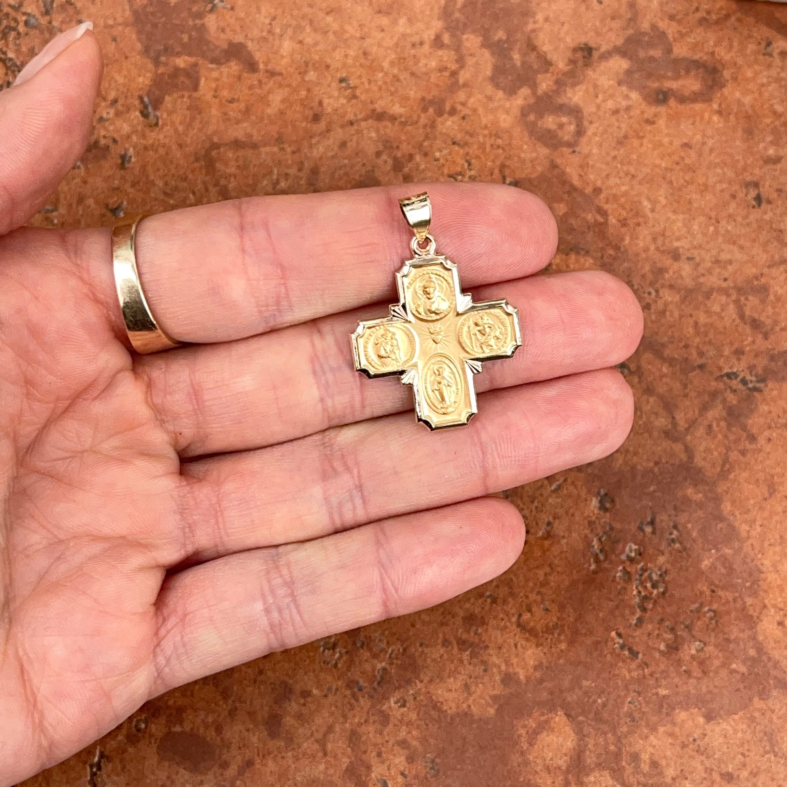 14KT Yellow Gold Satin Four Way Catholic Cross Medal Engraved pic pic