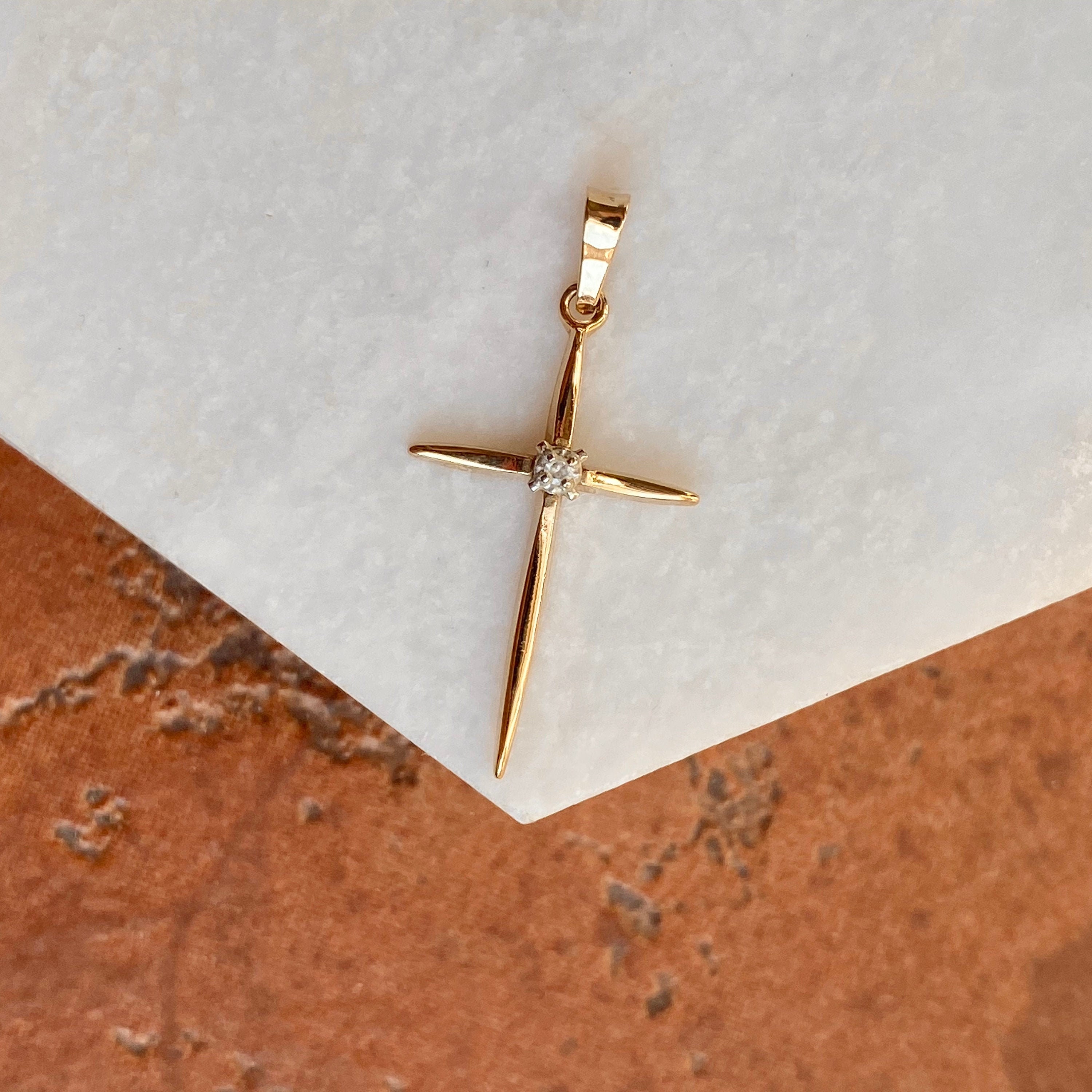 14KT Yellow Gold Thin Passion Cross With .01 CT Round Diamond