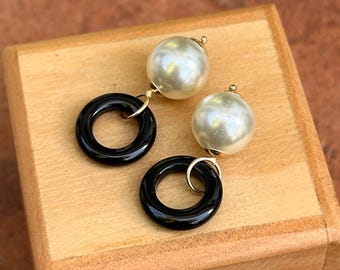 Estate Yellow Gold-Filled Circle Black Onyx and White Bead Earring Charms