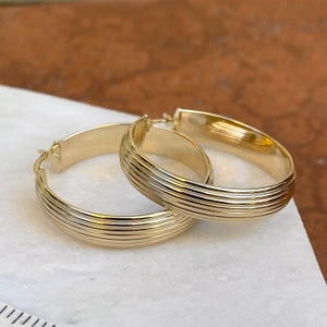 14KT Gelbgold gerippt gesäumt Design Gold glänzend 7mm breit große runde klobige Creolen NEU 35mm
