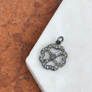 Sterling Silver Pave Diamond Four Leaf Clover Pendant Charm 14.5mm Blackened