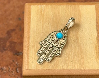 14KT Yellow Gold Turquoise Filigree Pendant Hamsa Hand Fatima Chamseh