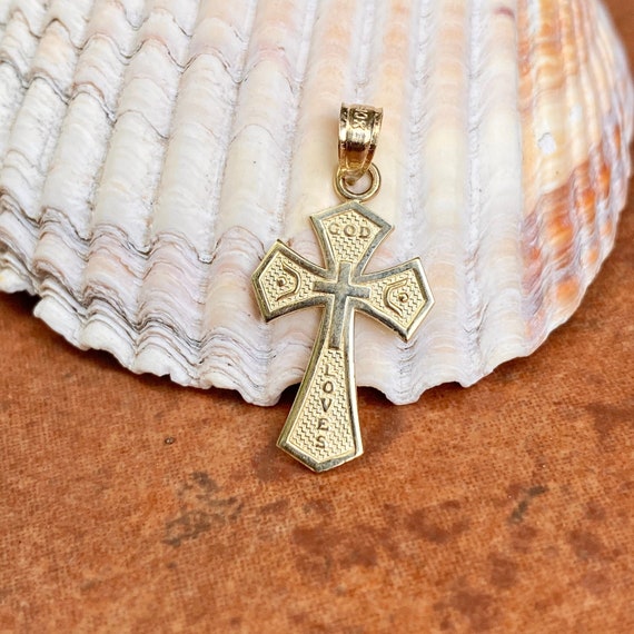 10KT Yellow Gold Reversible god Loves Cross Pendant Charm NEW