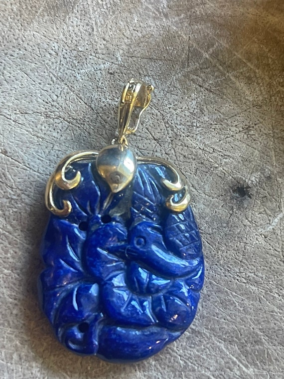 Estate Vintage Large 14KT Yellow Gold Carved Blue… - image 3