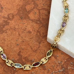 Vintage Zustand 14KT Gelbgold Design Link Lünette Set Marquise Facettierte Edelsteine Granat, Amethyst, Peridot, Citrin, Blautopas Armband 7 ”