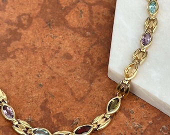 Vintage Estate 14KT Yellow Gold Design Link Bezel Set Marquise  Faceted Gemstones Garnet, Amethyst, Peridot, Citrine, Blue Topaz Bracelet 7”