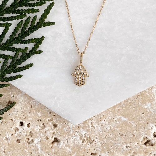 14KT Yellow Gold & Pave Diamond Kabbalah "Hand of Fatima" Hamsa Chamseh Mini Pendant NEW Good Luck Charm