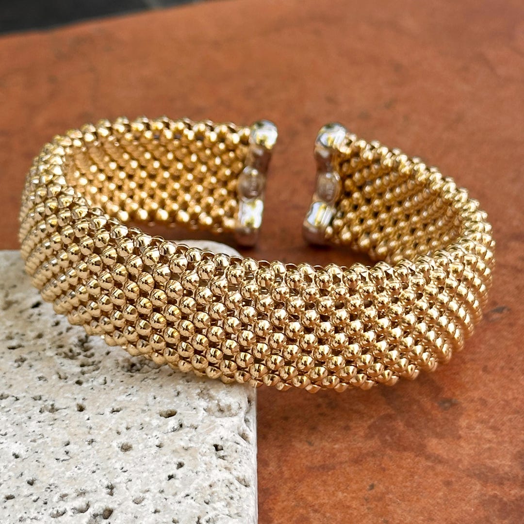 Yellow Gold PLATED Silver Mesh Weave Wide Open Cuff Bangle