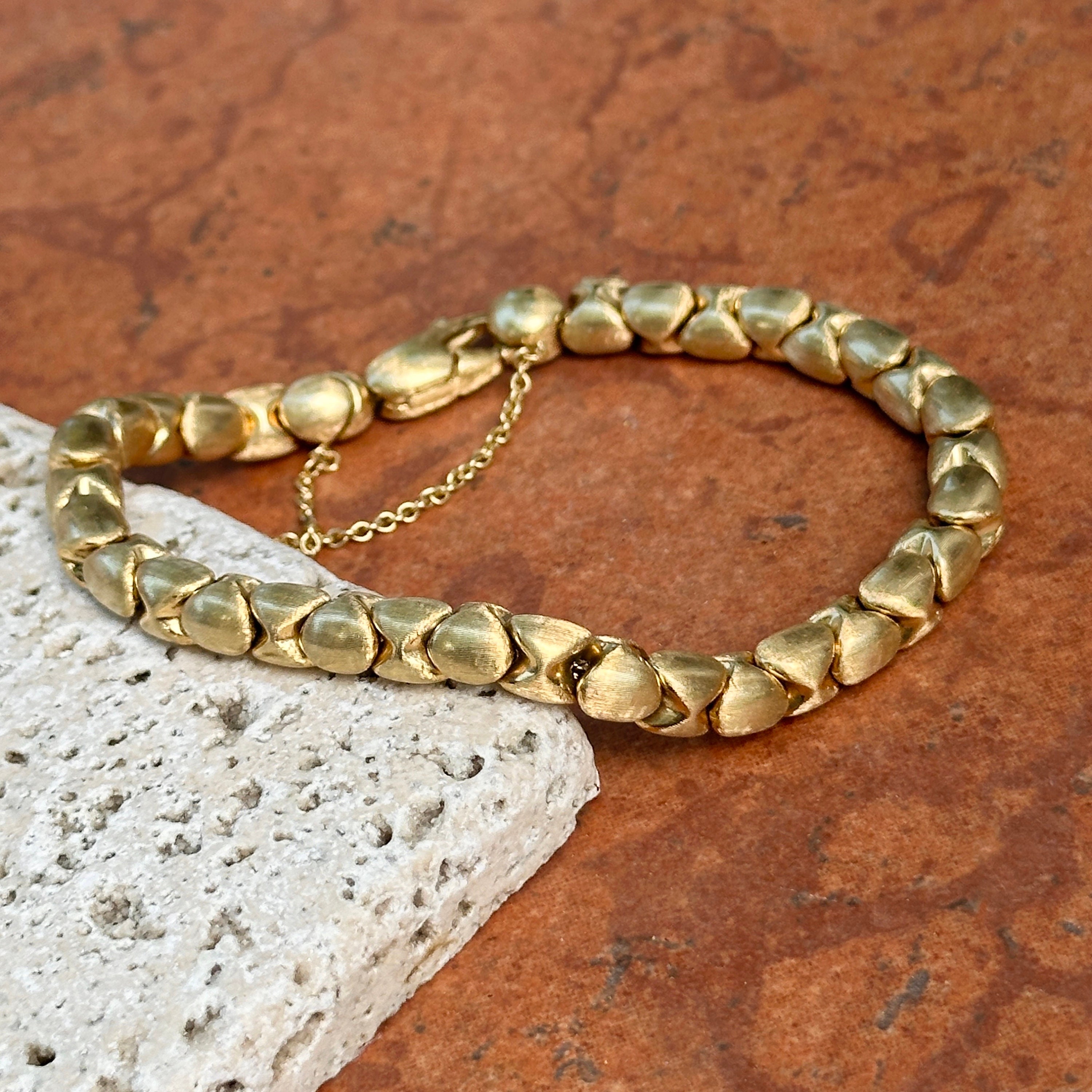 Estate Vintage 18KT Yellow Gold Matte Textured Satin Design Chain Link Lobster Clasp Bracelet w Safety Chain